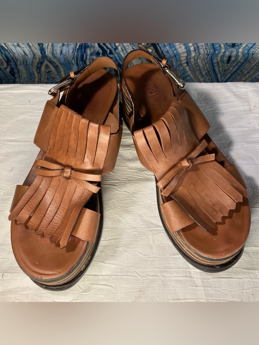 Minelli 90s Y2K Chunky Creeper Platform Sandals Kiltie Fringe Brown Gold Boho 10 - Picture 3 of 8